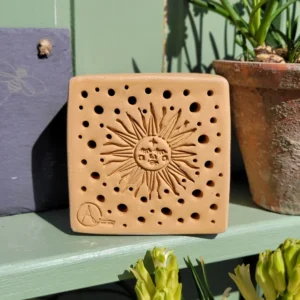 Bienenstein für Wildbienen im "Sonne"-Motiv mit wählbarer Farbe sowie Lärchenholzrahmen (BS-OA-L021)